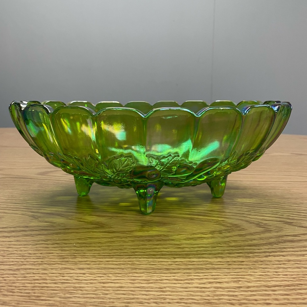 Vintage Avocado Green Iridescent Carnival Glass Oval Footed Bowl w fruit pattern
